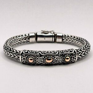 925 Sterling Silver Naga Chain Bracelet - Bali Engraving & Gold Tone Dots 68.5g